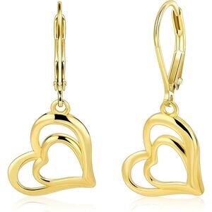 14K Gold Plated Heart Dangle Earrings Dangling Trendy Women Leverback Earings